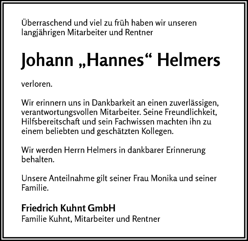  Traueranzeige für Hannes Helmers vom 28.09.2019 aus Nordwest-Zeitung