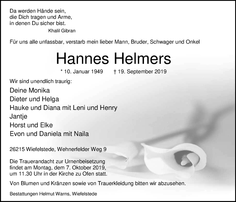  Traueranzeige für Hannes Helmers vom 28.09.2019 aus Nordwest-Zeitung