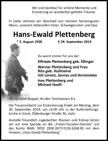 Traueranzeige von Hans-Ewald Plettenberg von Nordwest-Zeitung
