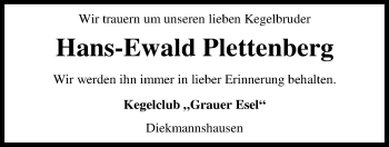 Traueranzeige von Hans-Ewald Plettenberg von Nordwest-Zeitung
