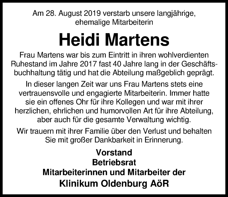  Traueranzeige für Heidi Martens vom 07.09.2019 aus Nordwest-Zeitung