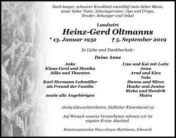 Traueranzeige von Heinz-Gerd Oltmanns von Nordwest-Zeitung