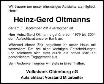 Traueranzeige von Heinz-Gerd Oltmanns von Nordwest-Zeitung