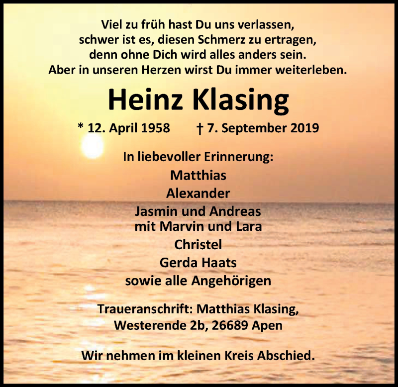  Traueranzeige für Heinz Klasing vom 11.09.2019 aus Nordwest-Zeitung
