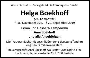 Traueranzeige von Helga Boekhoff von Nordwest-Zeitung