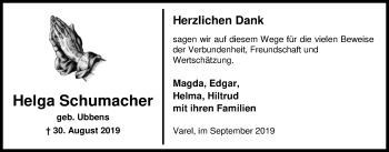 Traueranzeige von Helga Schumacher von Nordwest-Zeitung