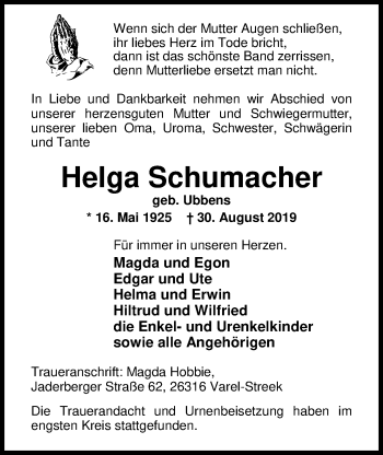 Traueranzeige von Helga Schumacher von Nordwest-Zeitung