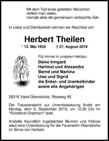 Traueranzeige von Herbert Theilen von Nordwest-Zeitung