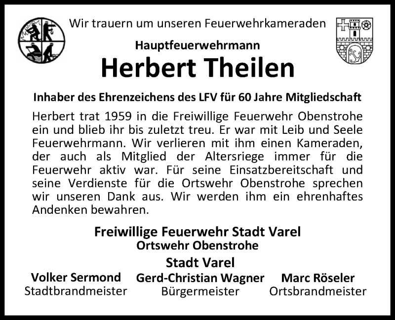  Traueranzeige für Herbert Theilen vom 06.09.2019 aus Nordwest-Zeitung