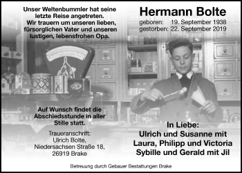 Traueranzeige von Hermann Bolte von Nordwest-Zeitung