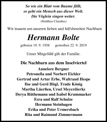 Traueranzeige von Hermann Bolte von Nordwest-Zeitung