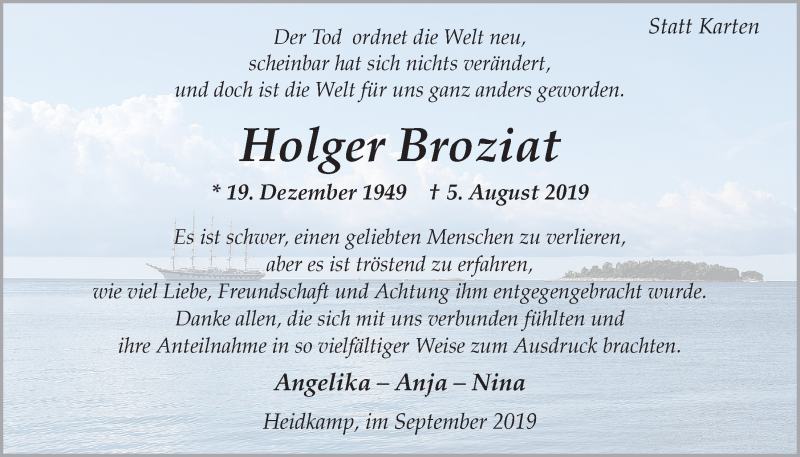  Traueranzeige für Holger Broziat vom 21.09.2019 aus Nordwest-Zeitung