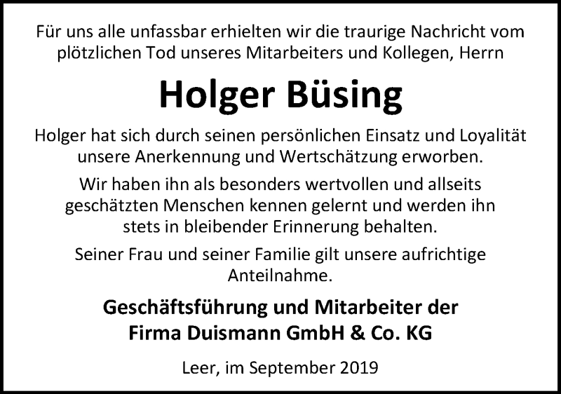  Traueranzeige für Holger Büsing vom 11.09.2019 aus Nordwest-Zeitung
