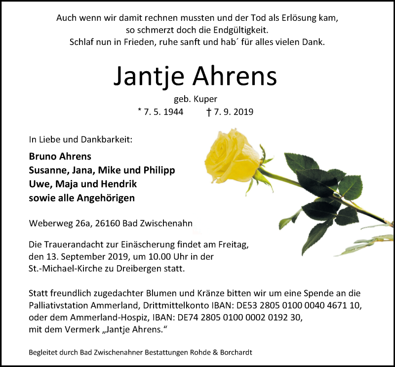  Traueranzeige für Jantje Ahrens vom 10.09.2019 aus Nordwest-Zeitung