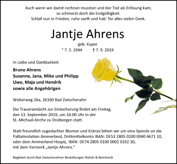 Traueranzeige von Jantje Ahrens von Nordwest-Zeitung