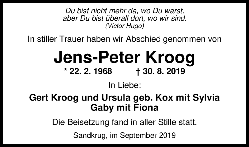  Traueranzeige für Jens-Peter Kroog vom 21.09.2019 aus Nordwest-Zeitung