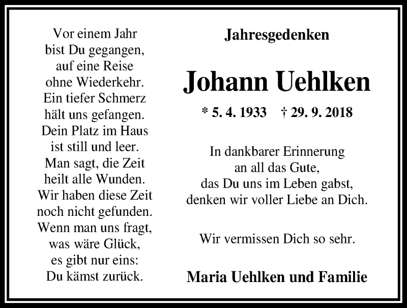  Traueranzeige für Johann Uehlken vom 28.09.2019 aus Nordwest-Zeitung