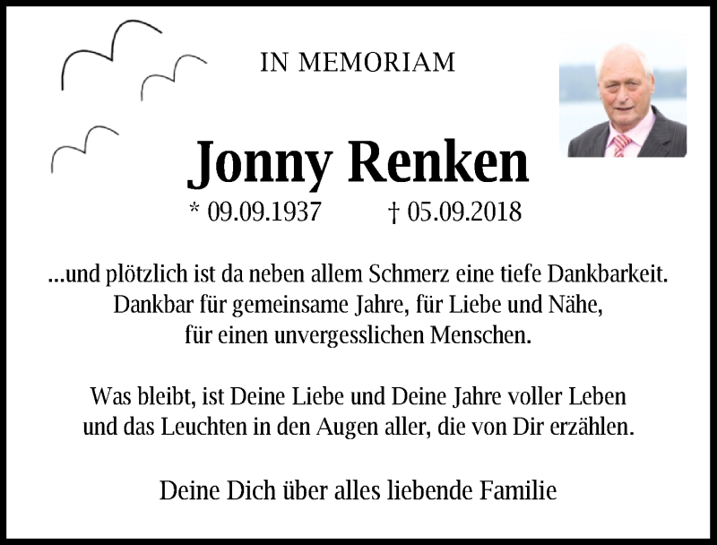  Traueranzeige für Jonny Renken vom 05.09.2019 aus Nordwest-Zeitung