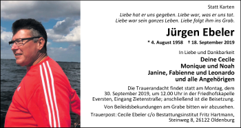 Traueranzeige von Jürgen Ebeler von Nordwest-Zeitung