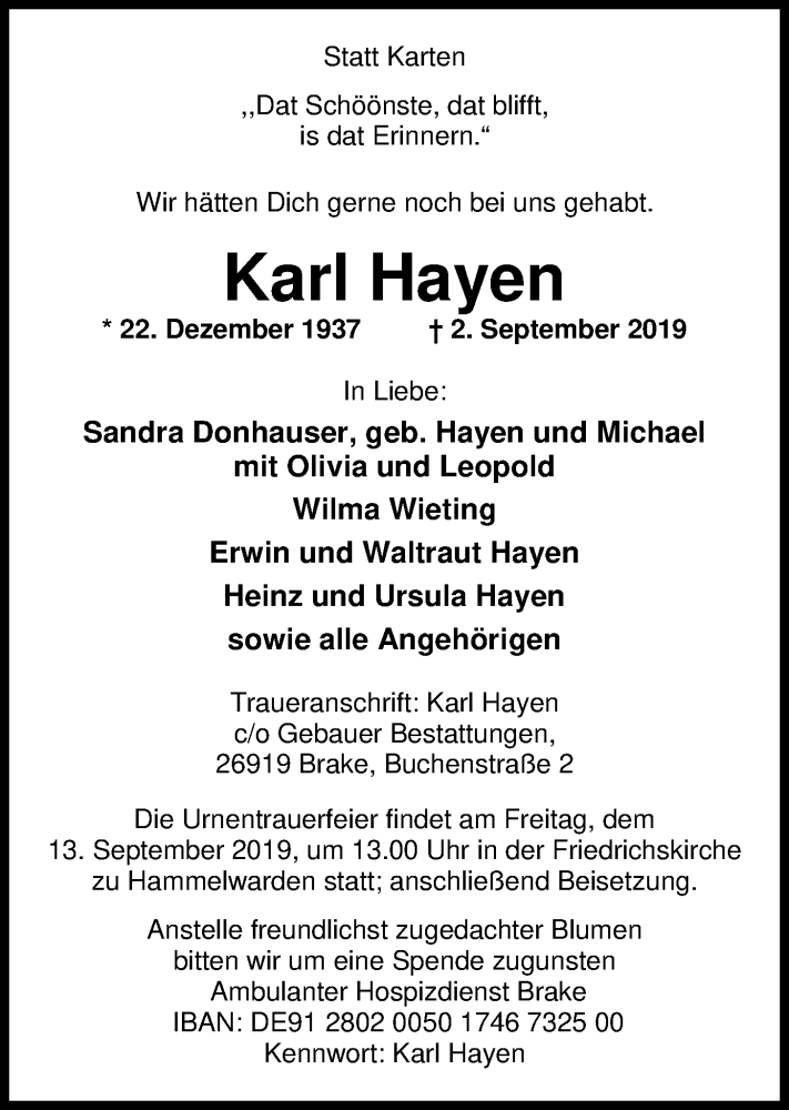 Traueranzeige für Karl Hayen vom 09.09.2019 aus Nordwest-Zeitung