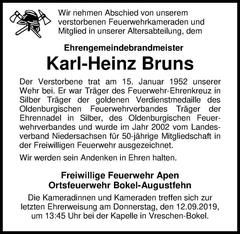  Traueranzeige für Karl-Heinz Bruns vom 10.09.2019 aus Nordwest-Zeitung