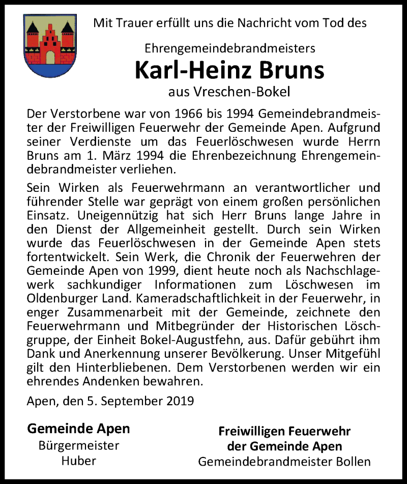  Traueranzeige für Karl-Heinz Bruns vom 10.09.2019 aus Nordwest-Zeitung