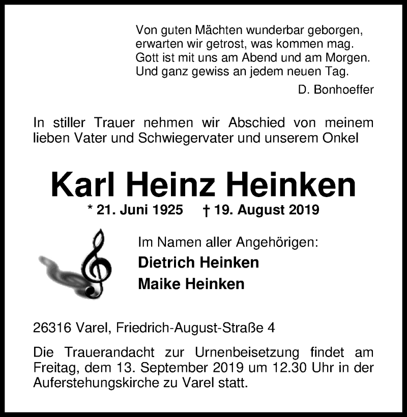  Traueranzeige für Karl Heinz Heinken vom 07.09.2019 aus Nordwest-Zeitung