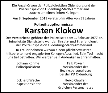 Traueranzeige von Karsten Klokow von Nordwest-Zeitung
