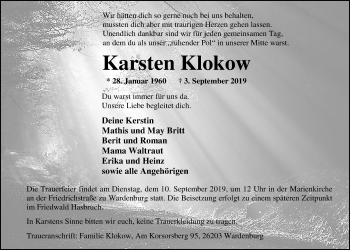 Traueranzeige von Karsten Klokow von Nordwest-Zeitung