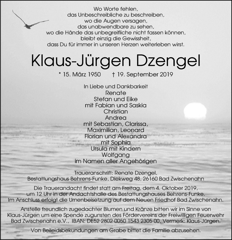  Traueranzeige für Klaus-Jürgen Dzengel vom 28.09.2019 aus Nordwest-Zeitung