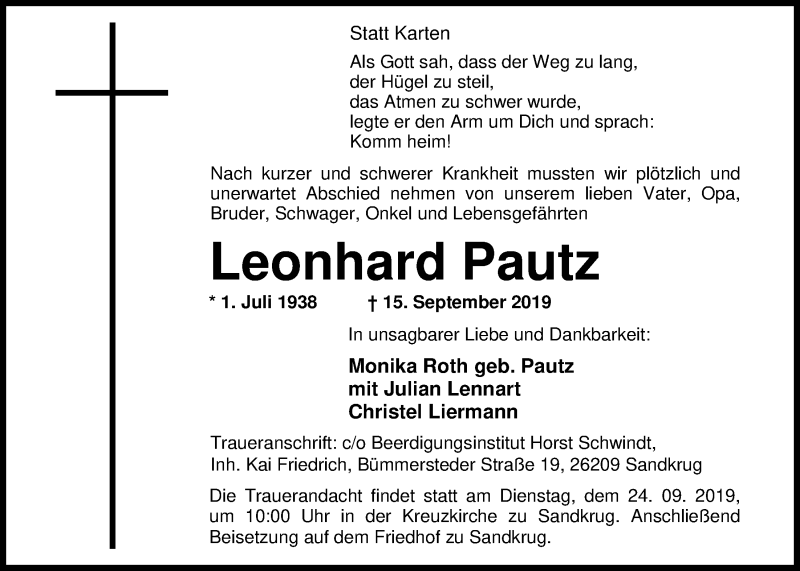  Traueranzeige für Leonhard Pautz vom 18.09.2019 aus Nordwest-Zeitung