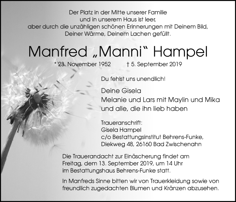  Traueranzeige für Manfred Hampel vom 10.09.2019 aus Nordwest-Zeitung