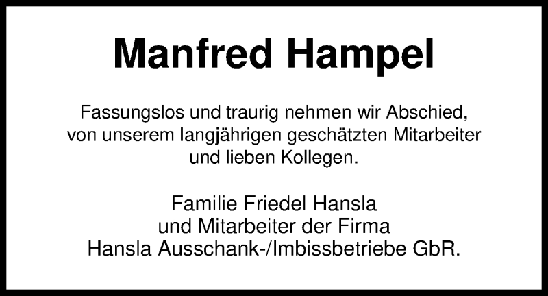  Traueranzeige für Manfred Hampel vom 11.09.2019 aus Nordwest-Zeitung