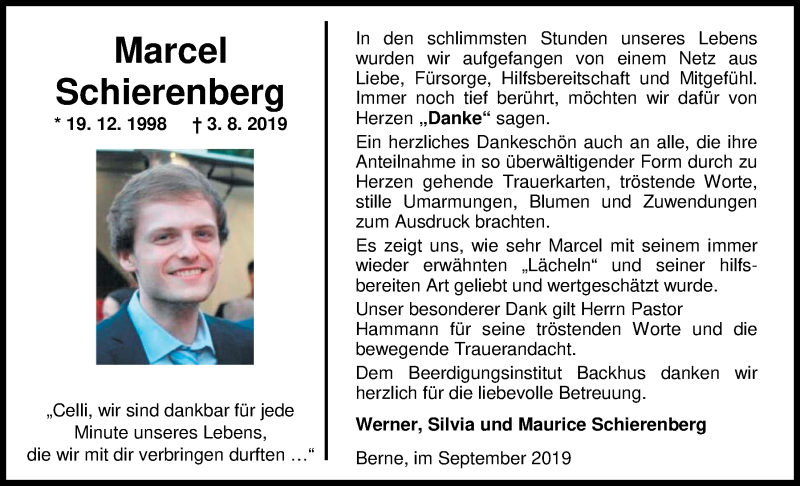  Traueranzeige für Marcel Schierenberg vom 06.09.2019 aus Nordwest-Zeitung