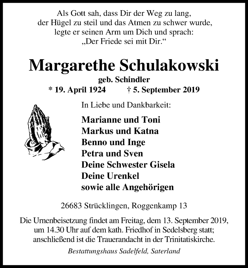 Traueranzeige für Margarethe Schulakowski vom 10.09.2019 aus Nordwest-Zeitung