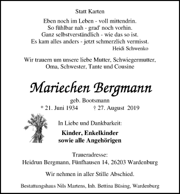Traueranzeige von Mariechen Bergmann von Nordwest-Zeitung