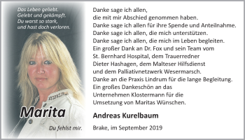 Traueranzeige von Marita Kurelbaum von Nordwest-Zeitung