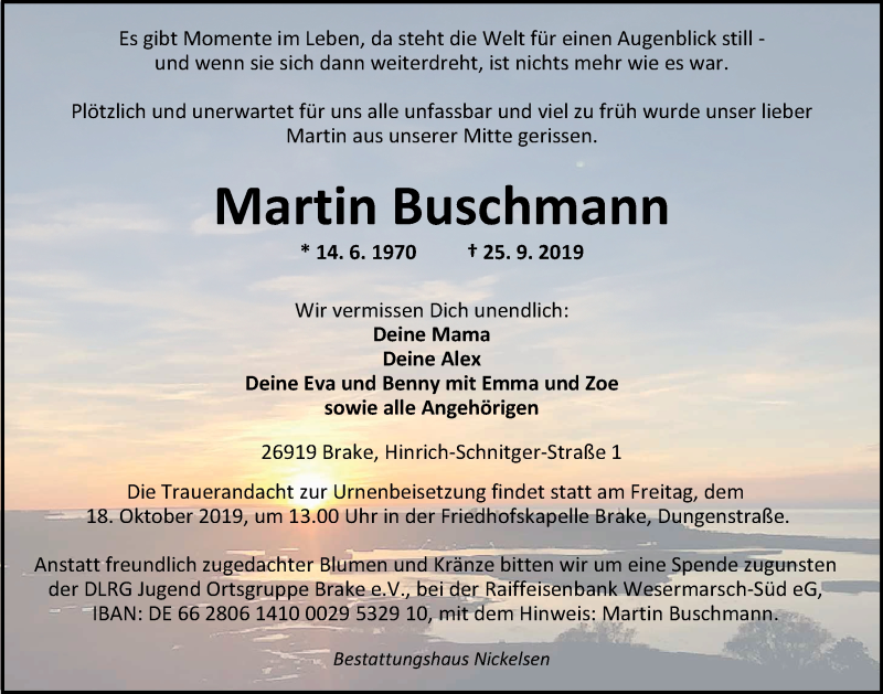  Traueranzeige für Martin Buschmann vom 28.09.2019 aus Nordwest-Zeitung