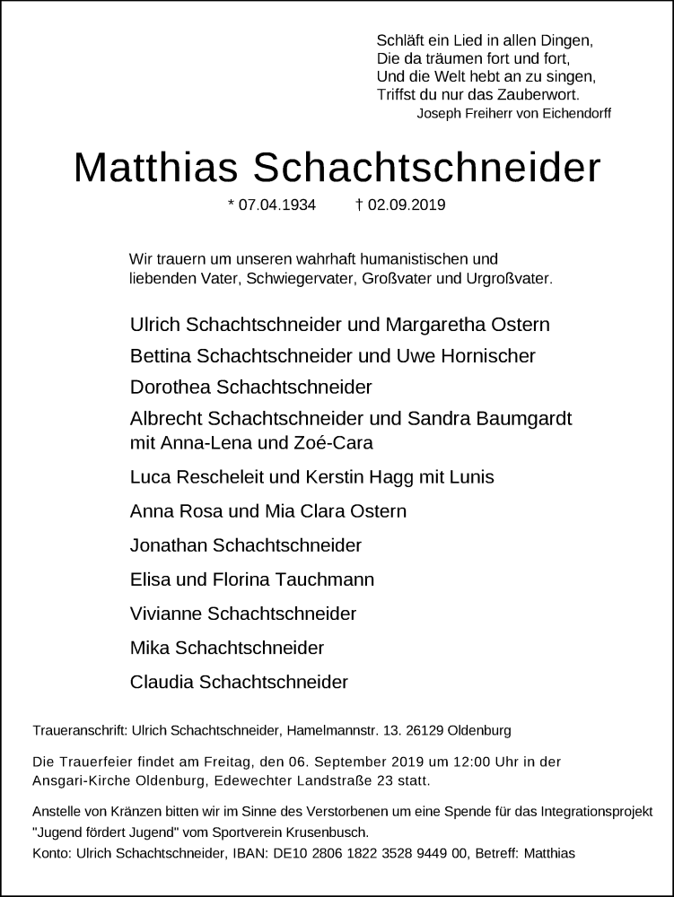  Traueranzeige für Matthias Schachtschneider vom 04.09.2019 aus Nordwest-Zeitung