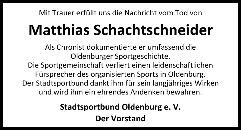  Traueranzeige für Matthias Schachtschneider vom 05.09.2019 aus Nordwest-Zeitung