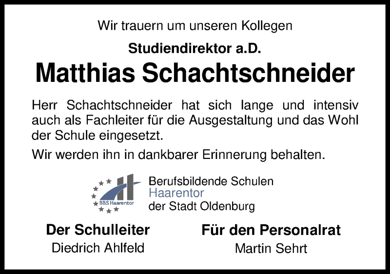  Traueranzeige für Matthias Schachtschneider vom 04.09.2019 aus Nordwest-Zeitung