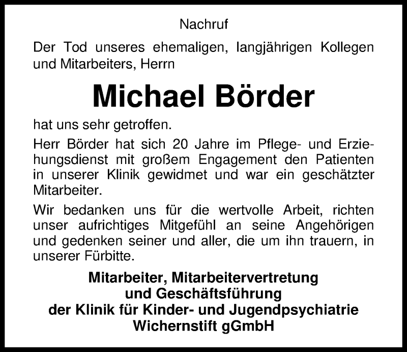  Traueranzeige für Michael Börder vom 26.09.2019 aus Nordwest-Zeitung