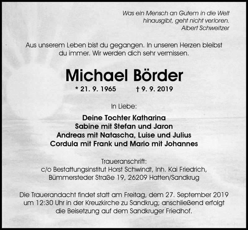  Traueranzeige für Michael Börder vom 21.09.2019 aus Nordwest-Zeitung