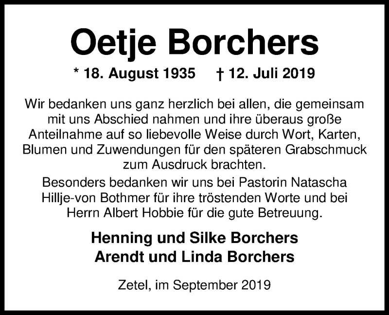  Traueranzeige für Oetje Borchers vom 07.09.2019 aus Nordwest-Zeitung
