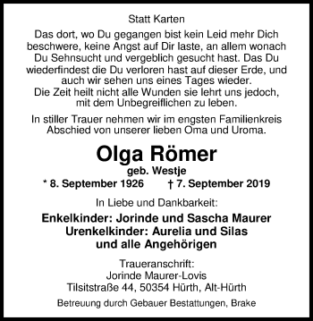 Traueranzeige von Olga Römer von Nordwest-Zeitung