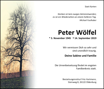 Traueranzeige von Peter Wölfel von Nordwest-Zeitung