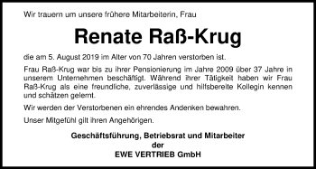 Traueranzeige von Renate Raß-Krug von Nordwest-Zeitung