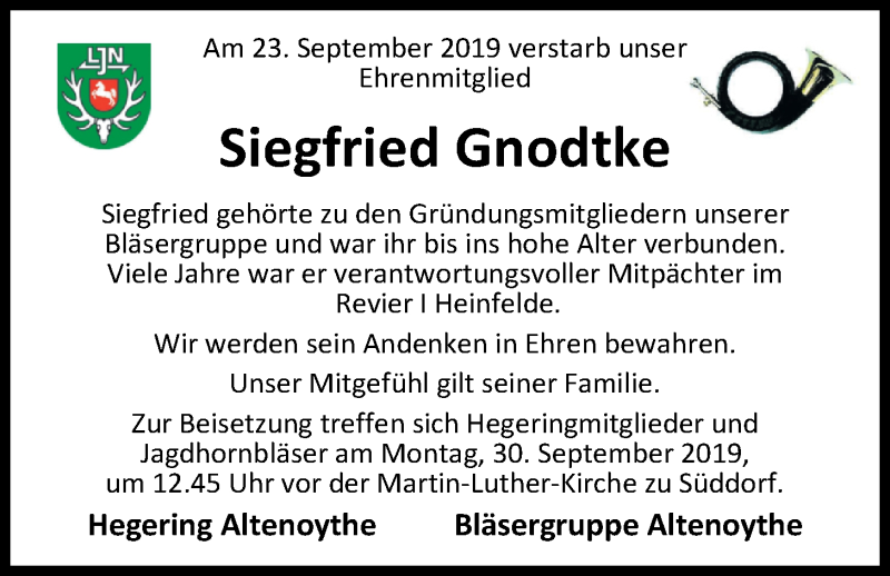  Traueranzeige für Siegfried Gnodtke vom 26.09.2019 aus Nordwest-Zeitung