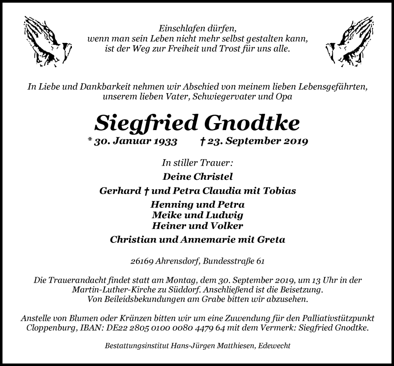  Traueranzeige für Siegfried Gnodtke vom 26.09.2019 aus Nordwest-Zeitung