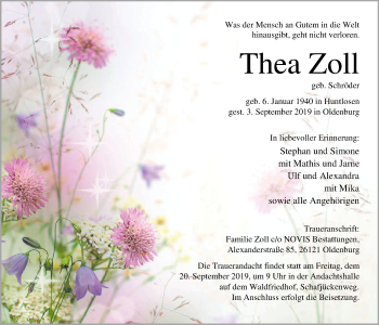 Traueranzeige von Thea Zoll von Nordwest-Zeitung